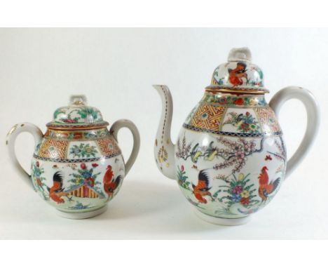 A mid 20th century Chinese porcelain teapot and sugar decorated with cockerels 