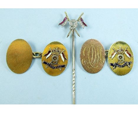 A pair of 9 carat gold and enamel military cufflinks and matching ruby and diamond set tie pin for 'The 9th Lancers' - 12.5g