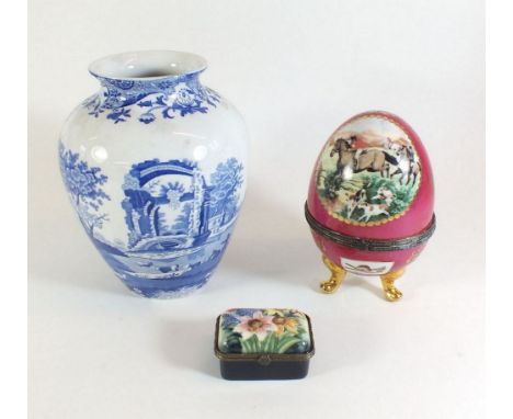 A Spode blue and white vase, a porcelain egg and a trinket box