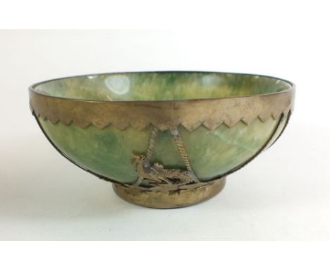A Chinese spinach green jade bowl with brass metal overlay with a cockerel and dragon design - 11cm dia and 5cm tall