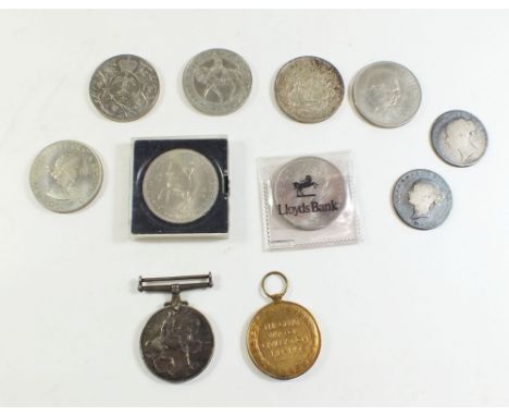 Two WWI medals together with commemorative coins and medallions -&nbsp;medals awarded to Sjt. H. Baston, 2668, of the Oxfords