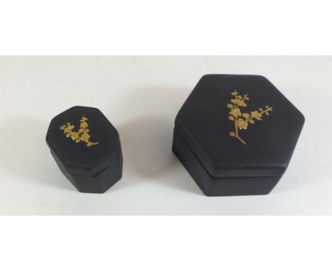 Two Wedgwood black basalt ware trinket boxes with gilt spray decoration - boxed