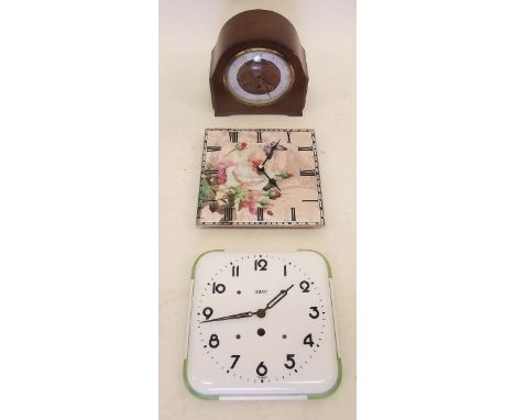 A Smiths eight day wooden mantel clock, an eight day wall clock plus another floral wall clock