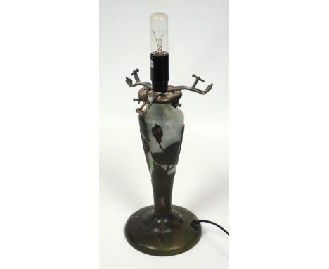 Gallé style table lamp with black floral overlay and mottled decoration, with shade, H 40.5cm overall
