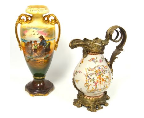 Ceramic baluster jug with heavy brass mounts and a cherub and floral decoration, with the mark of Wong Lee, 1895, H 38.5cm an