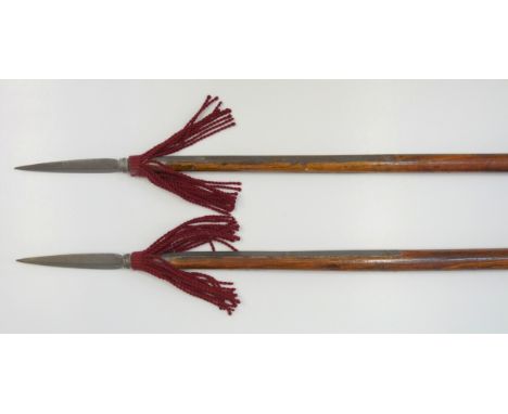 Honourable Artillery Company - Two ash pike staffs, each with a leather grip band and tasselled finials, H 267cm and 264cm, 2
