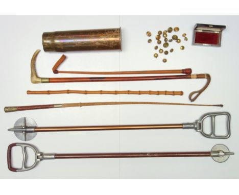Japanese 2nd World War brass shell case, H 29cm, D 9.2cm, swagger stick with gauntlet and spear crest, 3 riding crops, 2 shoo