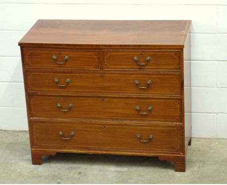 George III inlaid mahogany chest with 2 short drawers, 3 graduated long drawers, on bracket feet, H. 102.5cm, W. 122cm, D. 56