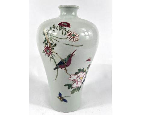 A Chinese ceramic Meiping shaped vase with polychrome decoration of bird on branch butterfly and text to the reverse, with as