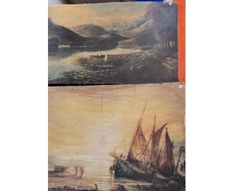 R Stanley, Mountainous lake landscape with figures in a boat, oil on card, signed, 55 x 88cmunframed; 19th century, a large w