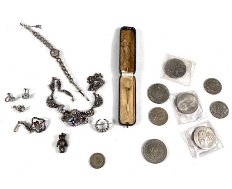 A gem set stick pin st. 9ct, a ladies hallmarked silver and marcasite cocktail watch and similar jewellery, various crowns et