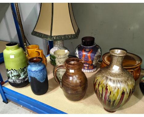 A selection of studio style pottery Eastern European stoneware vases a 1970's lamp etc 