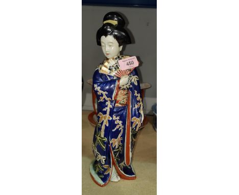 A Chinese ceramic figure , a girl with fan, height 34cm; a black and gilt ginger jar converted to table lamp -&nbsp;Appears i