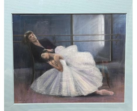 O. Bugla, Male and female ballet dancers reclining, pastel sketch, signed, 43 x 53cm, framed and glazed 