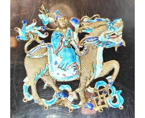 A Chinese white metal dragon pendant with blue enamel decoration to both sides, length 9cm, 48 gm, - 2 additional images of e