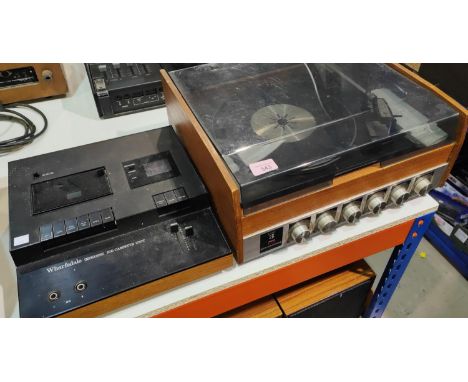 A vintage 343 Marconiphone Model 4405 record player, unit 3, and a vintage Wharfdale 20D cassette unit 