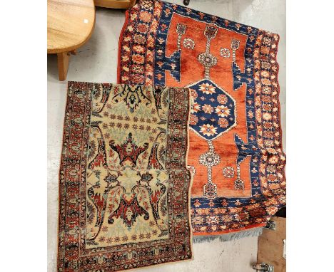 A Persian design rug with blue ground; a similar fawn runner 