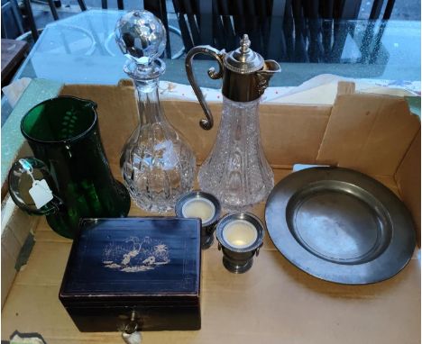 A silver plated topped claret jug, other glassware, tea caddy etc 