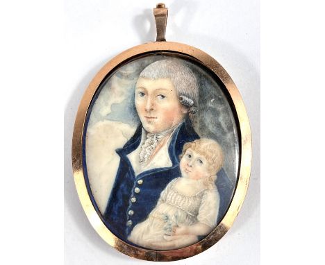 A late 18th/early 19th century primitive school oval miniature on ivory panel, 1/2 length portrait of a gentleman in a blue j