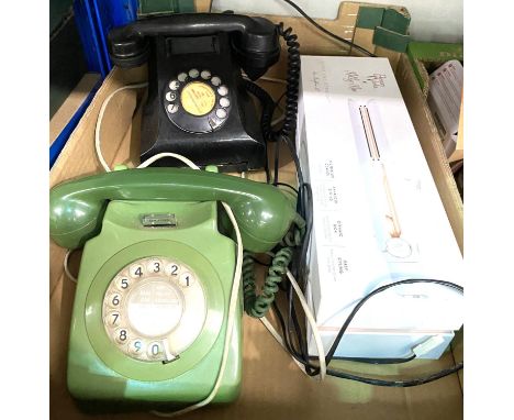 Two vintage rotary telephones, a wall clock etc 