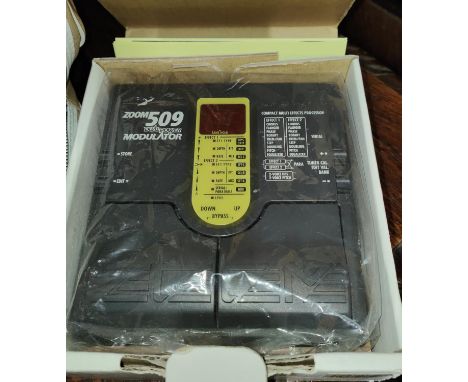 A guitar strap, foot pedal and "Compact multi effects processor Z00M 509" and soft guitar bag 