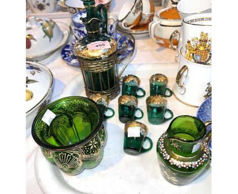 A Murano glass part liqueur set, decanter and 5 glasses, with gilded and painted decoration; 2 similar pieces; royal commemor