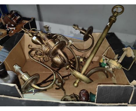 Two brass ceiling light fittings; an unusual patent hanging measure; collectables 