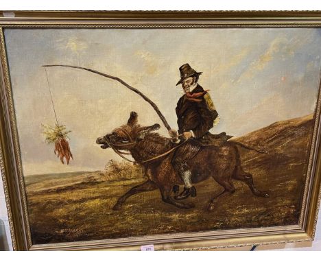 G.H. Holmes, Irishman riding a donkey and tempting it with carrots on a stick, oil on canvas signed 60x82cm