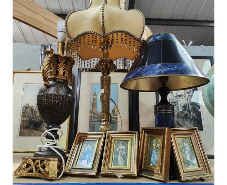 A selection of pictures; miniatures; etc.; a classical vase shaped table lamp; 2 others 