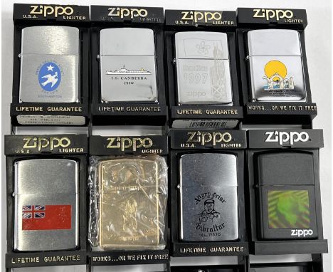 Eight various Zippo lighters:&nbsp; matt black holographic globe; Singapore, brass; Guam; Hong Kong 1997; SS Canberra crew; U