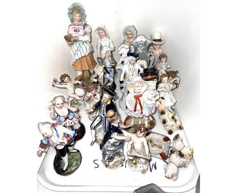 Two pairs of continental Messien style porcelain figures of couples, other similar Victorian and later porcelain and bisque f