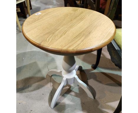 A modern occasional table with light oak circular top on cream pedestal base, 50cm diameter; a similar pair of tub chairs