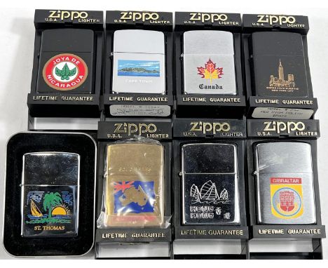 Eight various zippo lighters:&nbsp; Cape Town; Hong Kong; Nicaragua; St Thomas; Gibraltar, matt black; Empire State Building;