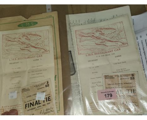 MCFC:&nbsp; FA Cup Final 1933, ticket stub; Community Singing Sheet; etc.; 1934, ticket stub and LMS timetable 