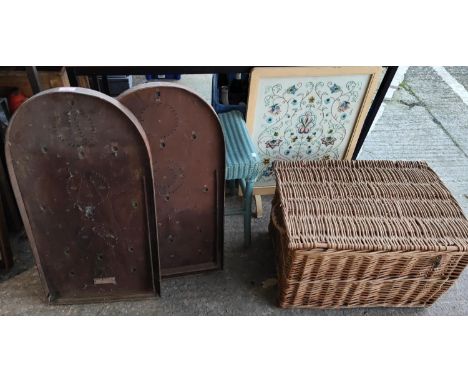 Two bagatelle boards, a firescreen, a Loyd Loom stool and a large basket 