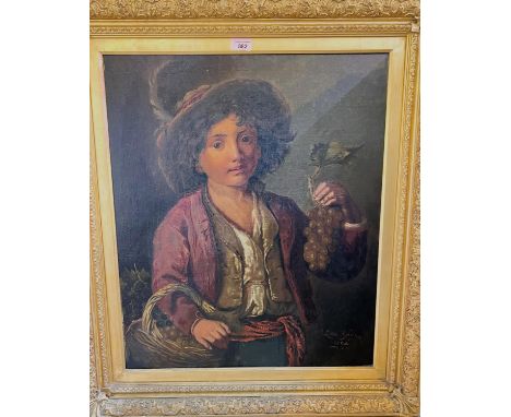 Lillie Brier:&nbsp; 19th century 3/4 length portrait, peasant boy in feathered hat with basket and grapes, oil on canvas, sig