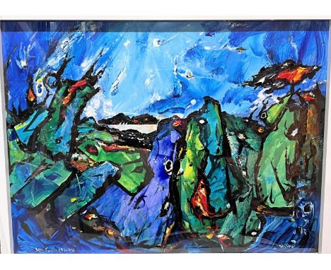 David Wilde: Northern Artist, 'Lyn Padarn - Three Yachts' abstract oil on board, with areas of heightened detail where the ar