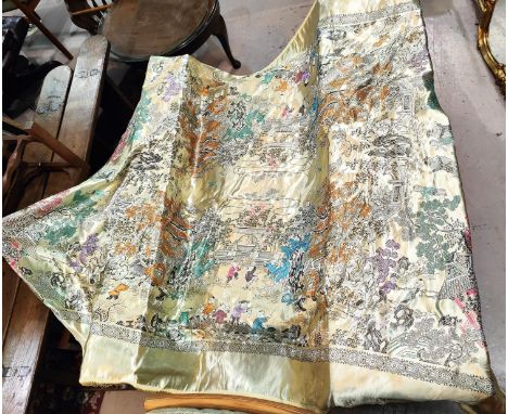 A large Chinese silk effect shawl, gold ground decorated with children playing etc.. 160 x 140cm 