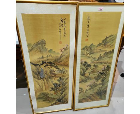 A pair of Chinese scroll painting, landscape scenes with figures, 91 x 30cm, framed.&nbsp;&nbsp;One frame without glass, othe