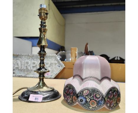 A classical style gilt and bronze lamp and a hand painted shade 