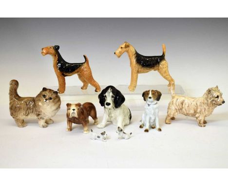 Group of animal figures including Beswick Persian Cat, Royal Doulton Cain Terrior, Sylvac dog figure, etc, 14cm and smaller