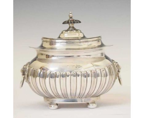 Edward VII silver tea caddy with gadroon decoration and a pair of lion head handles, Sheffield 1902, sponsor's mark of Walker