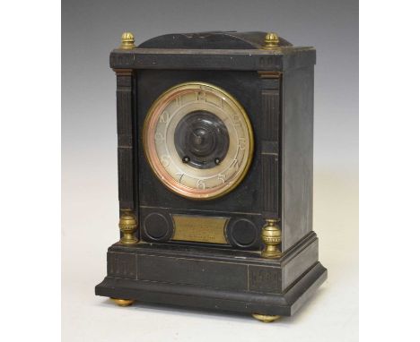 Aesthetic-style slate mantel clock, having a silvered Arabic chapter ring dial with trefoil shaped hands, with Royal Marine A