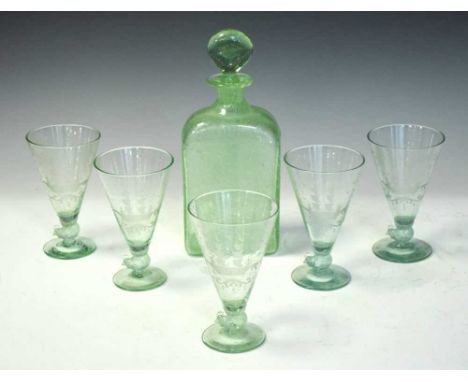 Green 'Soda' glass decanter and five glasses, probably Continental, each wheel-engraved with a masted boat, the stems moulded