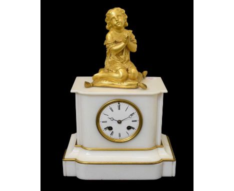 Late 19th century French white marble mantel clock, having a white enamel Roman dial with breguet-style hands, with gilt spel