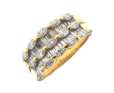 Diamond dress ring, the yellow mount stamped '750', the fifteen marquise diamonds and the forty-two baguettes estimated as to