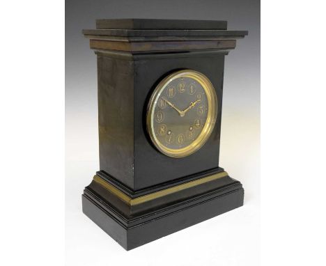 Victorian black slate mantel clock, having a black cellular dial with gilt Arabic numerals, two train movement stamped 'A&amp