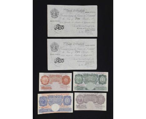 Two Bank of England white five pound notes, cashier L. K. O'Brien, serial number A89A 075050, dated 27th September 1955, and 