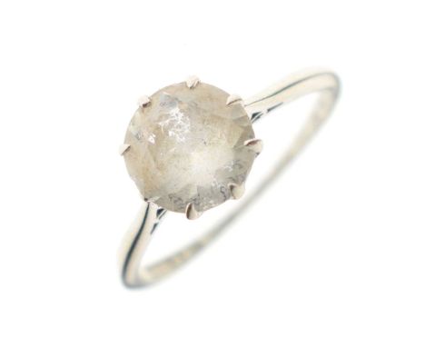 Single stone ring, the brilliant cut white stone tests as sapphire, the white metal shank stamped '18ct &amp; Pt', size K app