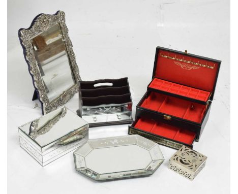 Large silvered easel mirror with moulded decoration, 32cm x 47cm, together with a mirrored vanity tray, jewellery boxes, etc